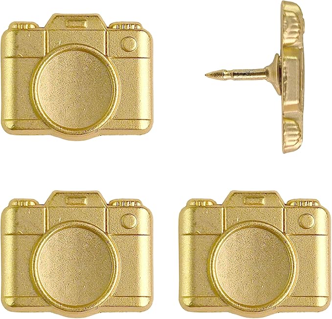 Camera Push Pins - Gold Metal Camera Pins - for Cork Board, Maps, or Lapel Pin Use - Designed in USA - Set of 4