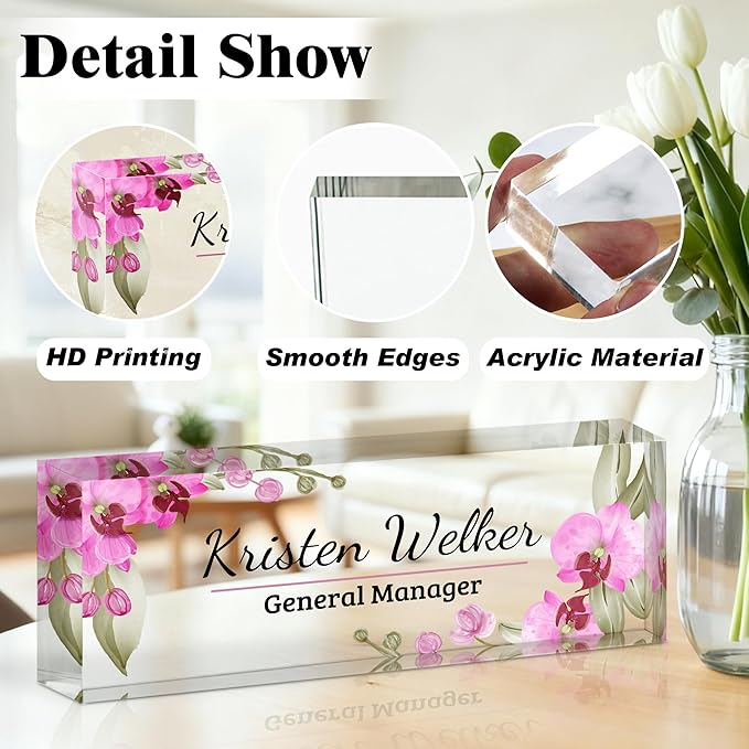 Ship Next Day-Custom Name Plate for Desk, Desk Name Plate Personalized, Acrylic Office Desk Accessories, Appreciation Gifts for Coworkers Employee Teachers Boss Women Men (Butterfly Orchid)