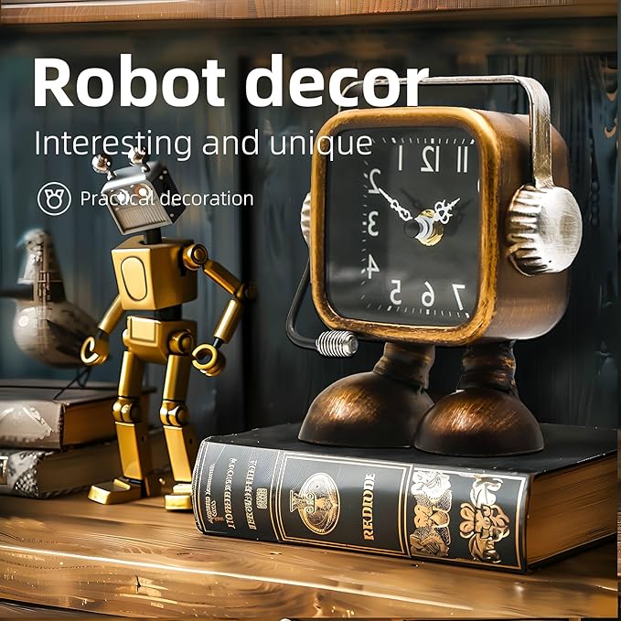 YOUKI Retro Steampunk Style Robot Table Clock,Industrial Style Desk and Shelf Clocks,Decorative Battery Operated,Silent Non-Ticking Clock for Office, Living Room or Bedroom