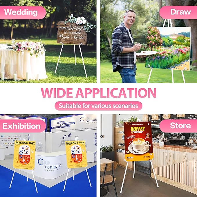 63" White Easel Stand for Wedding Sign Poster Display Easel Folding Art Easel for Floor Adjustable Metal Easel Instant Tripod Easel for Display Painting Wedding Shower Sign Easel, 1Pack