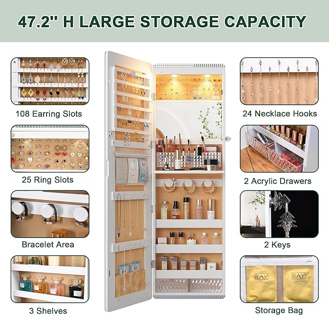 HNEBC LED Mirror Jewelry Cabinet,47.2" Wall Mounted Jewelry Organizer with Full-Length Mirror,Over The Door Hanging Jewelry Armoire Storage Cabinet,Folding Dresser,2 Drawers,Lockable, 3 Shelves(White)
