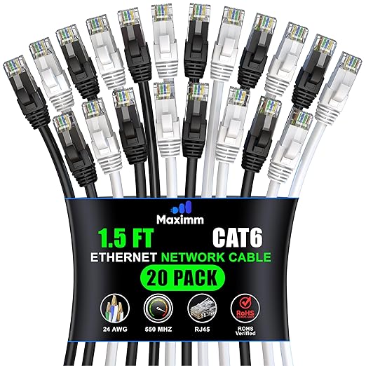 Maximm Cat 6 Ethernet Cable 1.5 ft (20-Pack) - High-Speed LAN Cable, Internet Cable, Patch Cable, and Network Cable - UTP, 10Gbps, 550MHz Ethernet Cord - Black & White