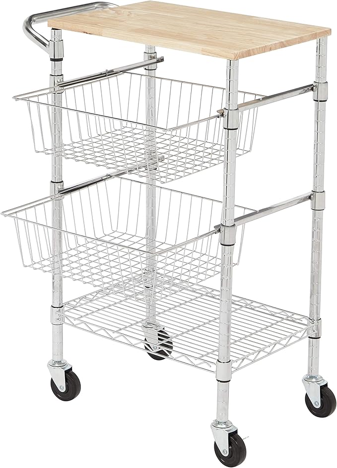 Amazon Basics 3-Tier Metal Basket Rolling Cart with Wood Top, Silver