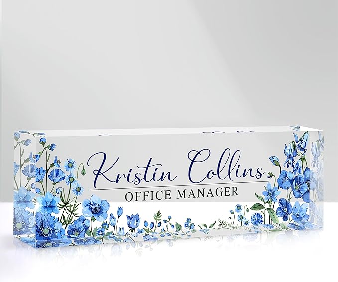Custom Name Plate for Desk, Personalized Desk Name Plate on Clear Acrylic Glass, Appreciation Gifts for Teacher Employee Boss Coworkers Nurse, Office Desk Accessories for Women Men (Cerulean)