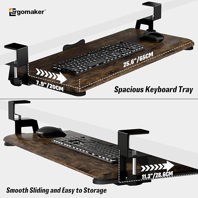 ERGOMAKER Keyboard Tray Under Desk, Pull Out Keyboard Tray with C Clamp Mount, 25.6" (29.7" Including Clamps) x 11.8" Slide-Out Platform Computer Drawer for Typing, Keyboard & Mouse Tray, Rustic Brown