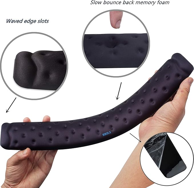 BRILA Keyboard Wrist Rest Support Cushion Pad for Computer, Laptop, Office Work, PC Gaming - Memory Foam Gel with Massage Holes Design - Non-Slip Easy Typing Wrist Pain Relief (Black Keyboard Pad)