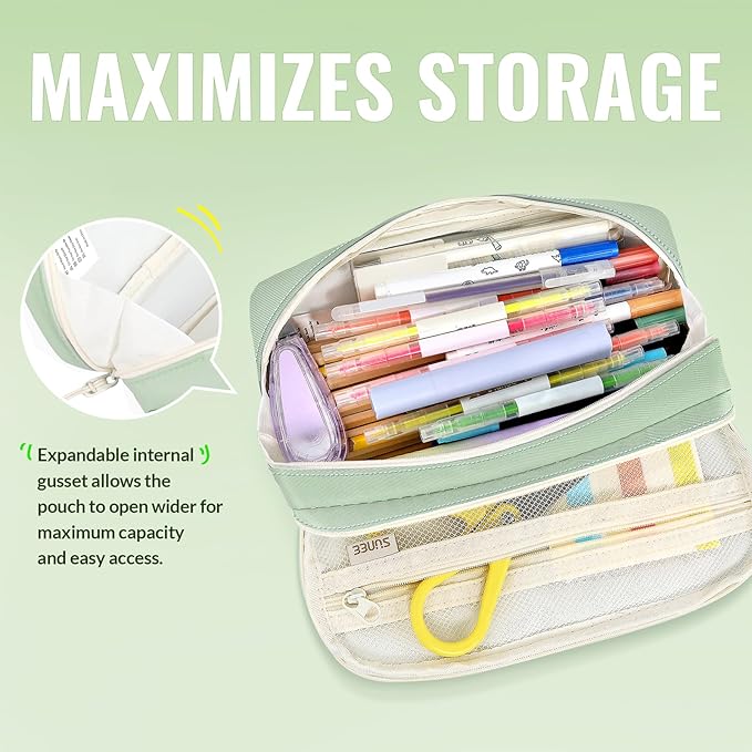 SUNEE Pencil Case, Large Capacity Pencil Pouch, Aesthetic Pen Bag Office Stationery Organizer Simple Sturdy Multifunctional for Teen Girls Women Men, Green