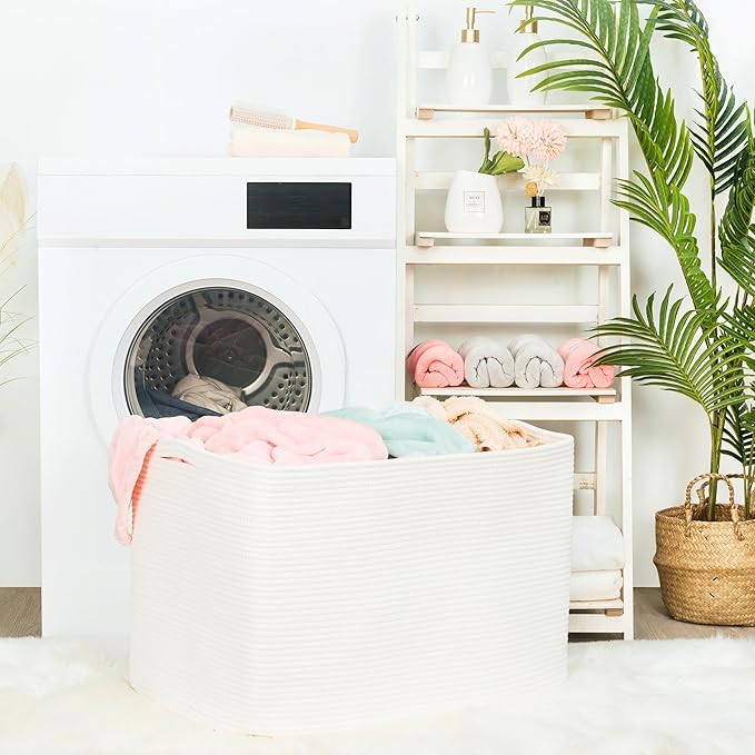 MINTWOOD Design 112L Extra Large Blanket Basket Holder Living Room, 25"x17"x16" Rectangle Rope Woven Storage Basket with Handles for Laundry, Towels, Shoes, Dog Toy Organizer Bin Box, Creamy White