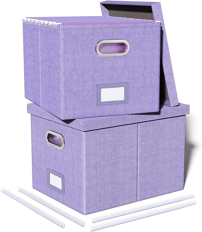 2 Pack File Storage Organizer, Filing Box, Portable File Box with Lid, Fit for Letter/Legal File Folder Storage, Document Organizer, Lavender