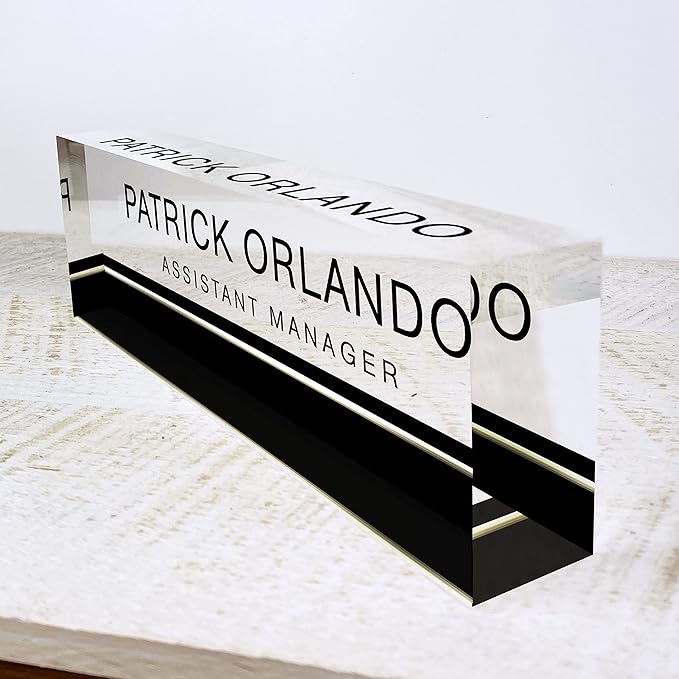 Artblox Office Desk Name Plate Personalized | Custom Name Plates for Desks on Acrylic Glass Decor | Office Desk Decor Nameplate | Desk Accessories | Black Stripe - (8" x 2.5")