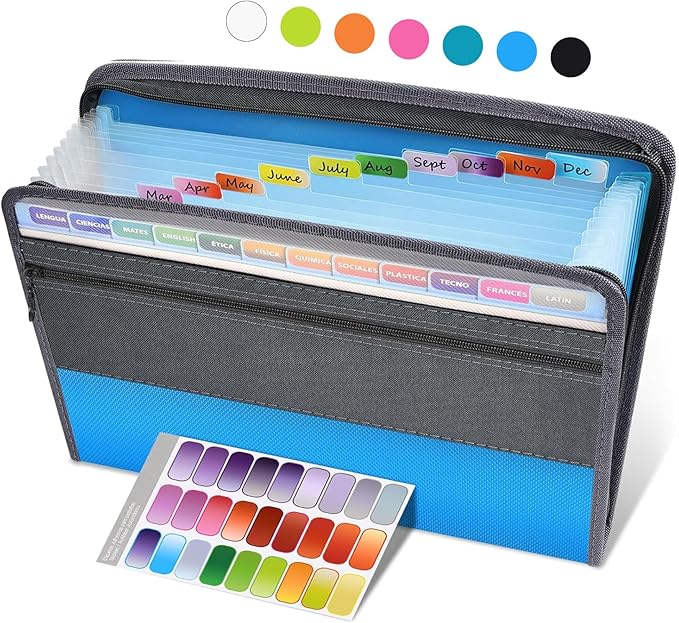 Sooez Accordion File Organizer with Safe Zipper, 12 Pocket Expanding File Folder with Front Pencil Pouch, Portable Monthly Paper Bill Tax Receipt Organizer, School Office Supplies, Letter Size, Blue