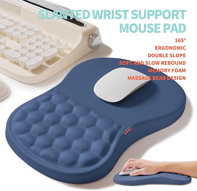2-in-1 Ergonomic Set, Wave Rise Keyboard Wrist Rest and Massage Bulge Slope Mouse Pad Wrist Support, Cushion Memory Foam Integrated to Relieve Wrist Pain, Dark Blue