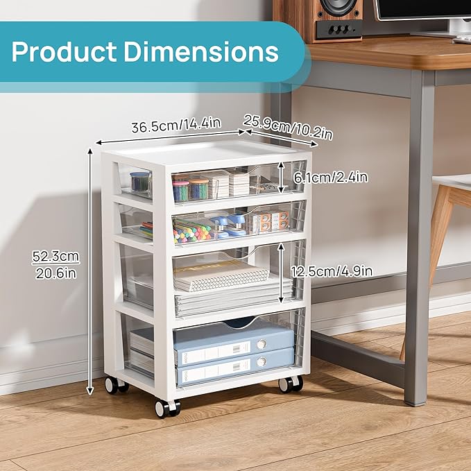 Vtopmart Plastic Drawer Storage Rolling Cart with Wheels, 4-Tier Drawer Organizer for Art Crafts Supplies, Home Office Supplies, Toys, Under Desk Storage for Office, Craft Room, Bedroom, Classroom