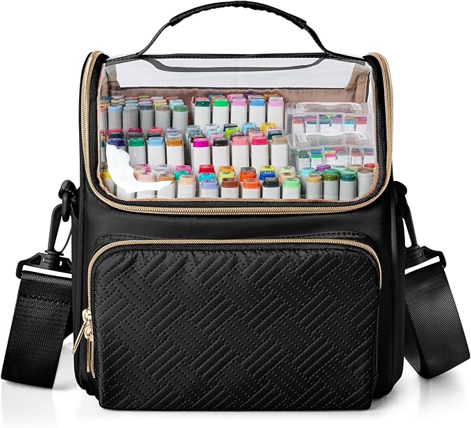 Large Marker Organizer Case for 180 Markers, Marker Storage Bag with Dividers and 4 Pockets for Paint Markers, Paint Brushes, Colored Pencils or Other Art Supplies, Black (Patented Design)
