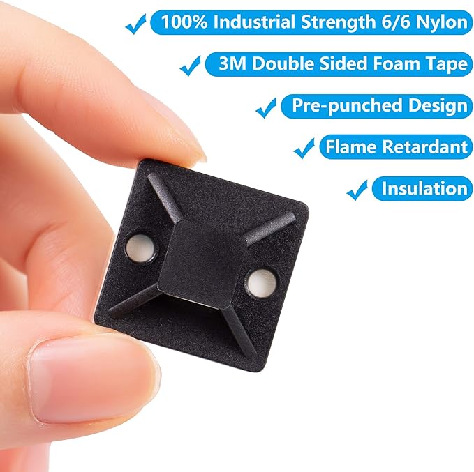 Cable Tie Mounts, Adhesive-Backed, 1 Inch, for Cable Management, Cable Tie Anchors, 100 Pack, Black