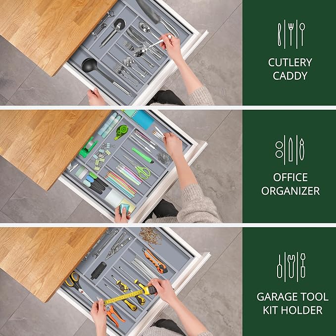 ROYAL CRAFT WOOD Luxury Bamboo Kitchen Drawer Organizer - Silverware Organizer - Utensil Holder and Cutlery Tray with Grooved Drawer Dividers for Flatware and Kitchen Utensils (9 Slot, Gray)