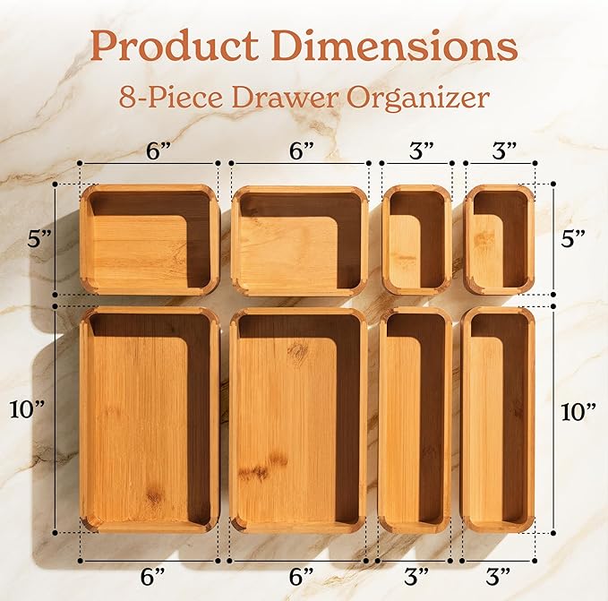 SMIRLY 8-Piece Bamboo Kitchen Drawer Organizer Set for Large and Small Utensils, Multi-use Storage Box - Bathroom, Nightstand, Jewelry, Cutlery, Knife, Spice, Towel, Junk Drawer Tray