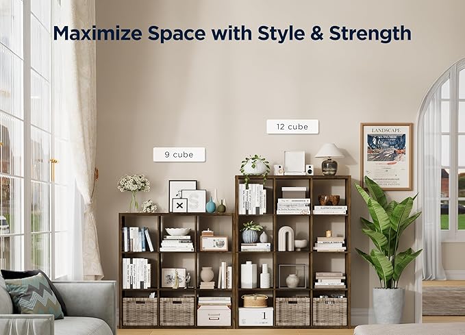 12-Cube Storage Organizer, Wooden Cube Shelf Bookcase with Reinforced Thick Shelves, Heavy-Duty 36.93" L x 9.37" W x 48.82" H, for Living Room Bedroom Home Office, Brown