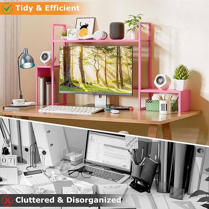 WelFurGeer LED Desk Shelf Organizer with RGB Light Strip, 2-Tier Desktop Shelf for Computer Monitor, Sturdy Metal Frame & Wood Shelves - Desk Hutch Bookshelf for Home Office, Dorm, Gaming Setup (Pink)