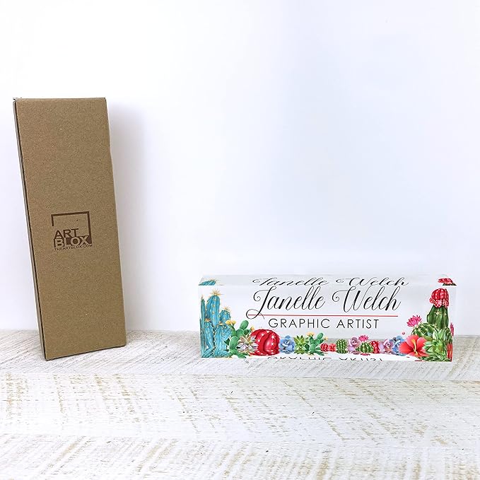 Artblox Office Desk Name Plate Personalized | Custom Name Plates for Desks | Cactus Design On Clear Acrylic Glass | Cute Office Desk Accessories Customized Gifts - (8" x 2.5")