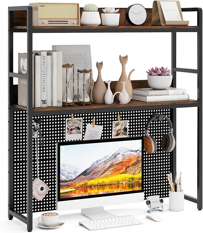 GOFLAME Desktop Bookshelf with Pegboard, 37 Inch Industrial Desk Hutch for Computer Monitor, 2-Tier Countertop Organizer Shelf with Safety Guardrails for Home Office, Dorm, Study, Rustic Brown