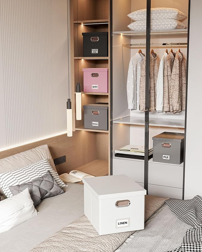 2 Pack File Storage Organizer, Portable File Box with Lid, Fit for Letter/Legal File Folder Storage, Gray(Leather)