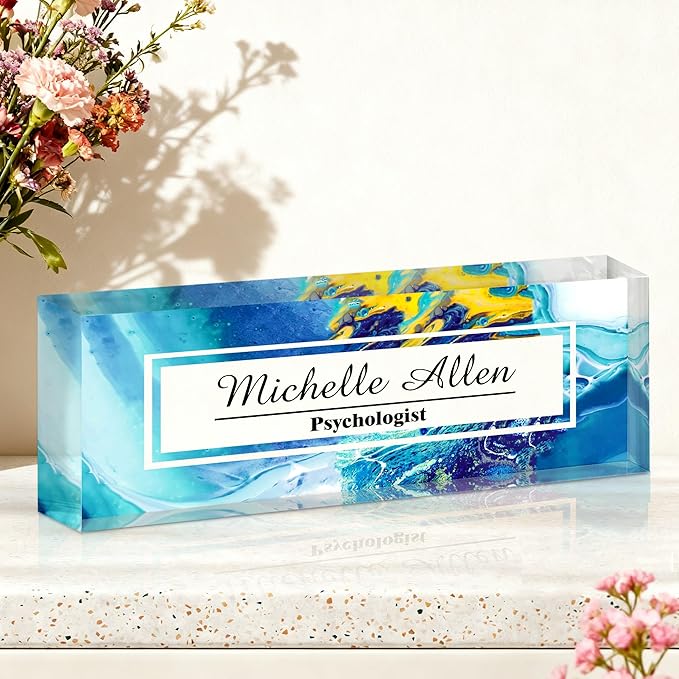 Ship Next Day-Custom Name Plate for Desk, Desk Name Plate Personalized, Acrylic Office Desk Accessories, Appreciation Gifts for Coworkers Employee Teachers Boss Women Men (Blue Sea)