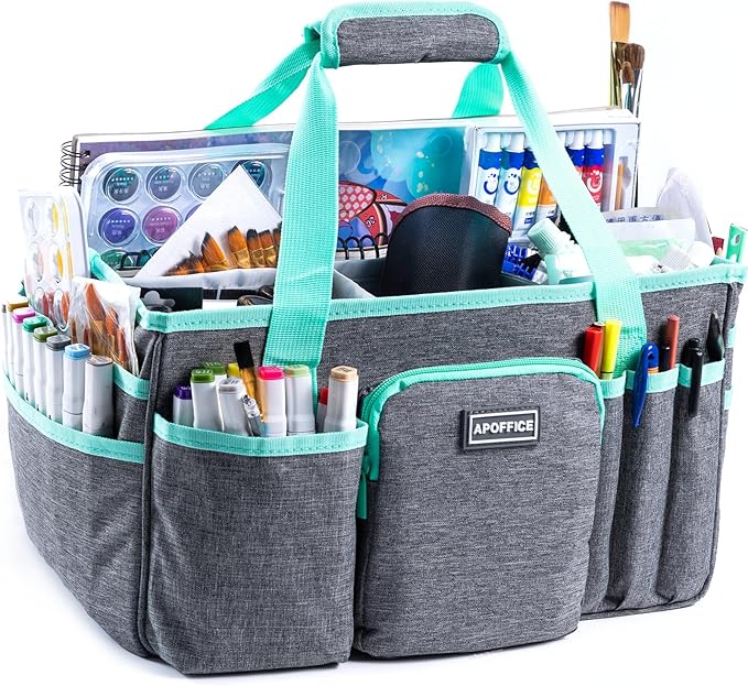 Art Supply Organizer Tote Bag – Craft Caddy with Handle, Utility Storage Tote with Multiple Pockets & Adjustable Divider for Stationary, Sewing, Scrapbooking, School, Office, Medical Supplies