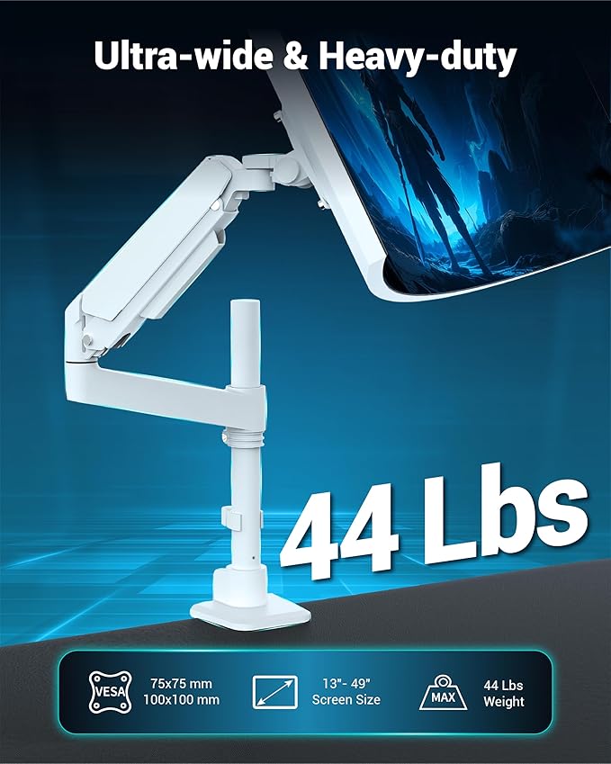 Heavy Duty Monitor Arm for 13-49 Inch Ultrawide Screens, Holds Up to 44lbs, Fully Adjustable Single Monitor Mount, with Clamp & Grommet Base, 75/100mm VESA Desk Mount, White