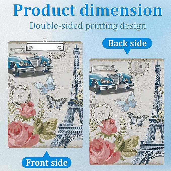 Vintage Paris Eiffel Tower Clipboard Decorative Clip Board with Metal Clip A4 Standard Size 12.5" X 8.7" for Teacher Students Nurses Office