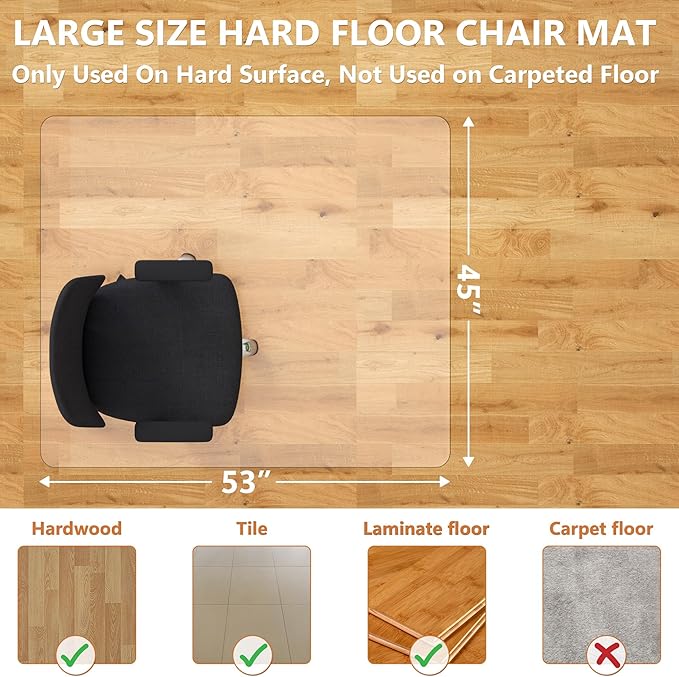 HOMEK Office Chair Mat for Hardwood Floor, 45”x 53” Vinyl Desk Chair Mat Clear Floor Protector Mat for Rolling Chair Office & Home, Easy Glide and Flat Without Curling