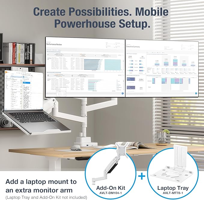 AVLT Dual 57 Inch Heavy Duty Stacking Monitor Arm Pole Top Mount With USB-C USB-A Ports-White, Height Adjustable, Easy Install Top C-Clamp/Grommet With Reinforcement Plates, VESA Compatible 200/100/75