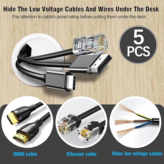 2-3/8" Spring Desk Grommet, JTemgle Plastic Cable Hole Cover Computer Table Cord Wire Organizer Caps Desktop Cord Management for Home Office TV Stands Tabletops - White, 5 Pcs