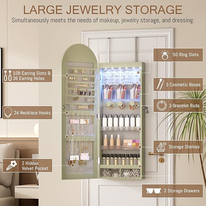 LVSOMT Wall Mounted Jewelry Organizer Lockable, Door Hanging Arched Mirror with Lights and Jewelry Storage, 6 LEDs Jewelry Cabinet (Laurel Green)