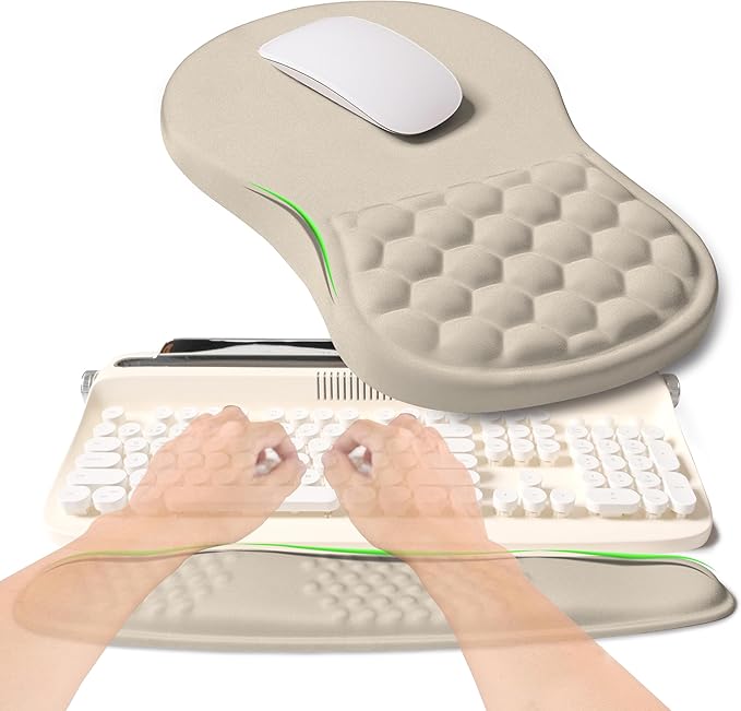 2-in-1 Ergonomic Set, Wave Rise Keyboard Wrist Rest and Massage Bulge Slope Mouse Pad Wrist Support, Cushion Memory Foam Integrated to Relieve Wrist Pain, Apricot