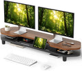 Dual Monitor Stand Riser, 39.4 Inch Large Monitor Stand with Storage Shelf, 2-Tier Desk Organizer for PC, Laptop, Printer | 2 Slots for Phone/Tablet, Computer Monitor Riser, Wood Desk Shelf for TV