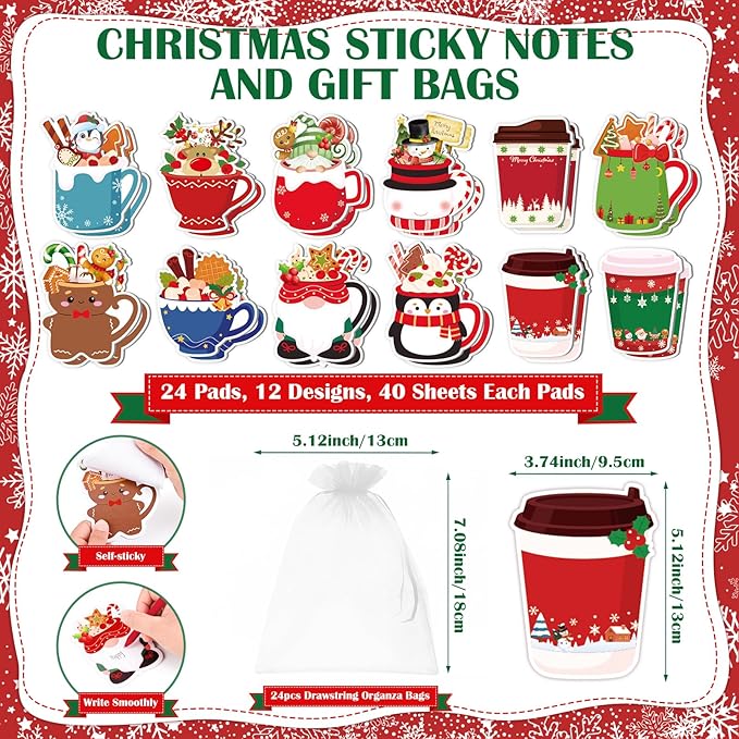 24 Sets Christmas Sticky Notes with Pens, Christmas Coffee Cup Notepads Winter Memo Pad Bulk Christmas Gifts for Coworkers Holiday Decoration Party Favors Office Home Supplies