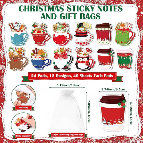 24 Sets Christmas Sticky Notes with Pens, Christmas Coffee Cup Notepads Winter Memo Pad Bulk Christmas Gifts for Coworkers Holiday Decoration Party Favors Office Home Supplies