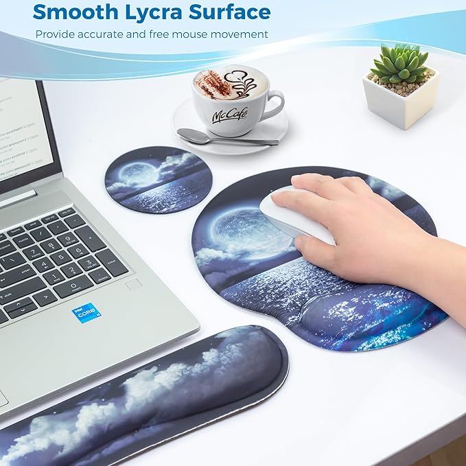Mouse Pad and Keyboard Wrist Rest Support, with Non-Slip PU Base,Gel Mouse Pad with Coaster,Pain Relief for Gaming, Computer,Office -Moon Ocean