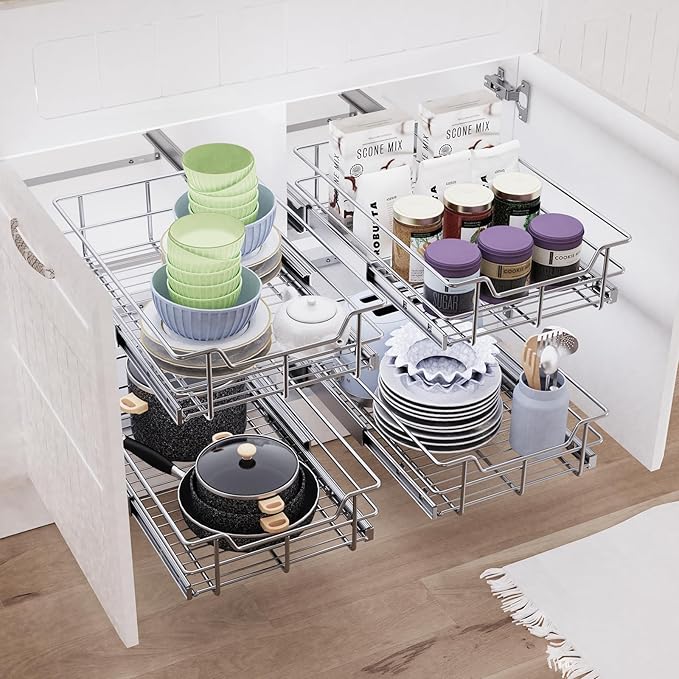 Pull Out Cabinet Organizer 14" W X 22" D, Slide Out Drawers For Kitchen Organizers and Storage, Pull Out Drawers For Cabinets Capacity Heavy Duty Caddy, Cabinet Shelves Chrome-Plated, Bathroom Pantry