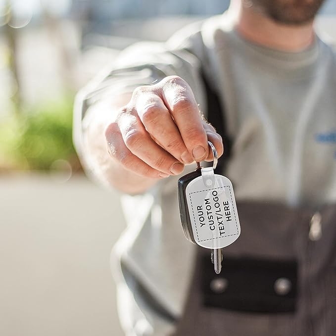 DISCOUNT PROMOS Tag Soft Plastic Keychains - 50 pack - Customizable Text, Logo - Small Key Tag Chain For Staying Organized - Rubber Key Ring Keychain – Clear