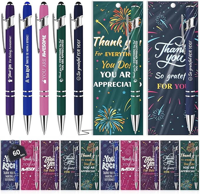 60 Sets Christmas Employee Appreciation Gifts Ballpoint Pens Bulk Black Ink Stylus Caps Bookmarks Thank You Gift For Staff Colleagues Party Teachers Cool Team Nurses Inspirational Office Women Men