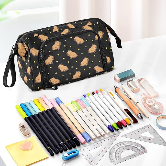 Capybara Stars Black Pencil Case Pouch Big Capacity Pencil Bag Box Organizer Pen Case with Compartmens Stationery Organizer for Girls Boys Adults Women School Office