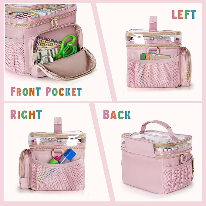 Marker Organizer Case for 100 Markers, Marker Storage Organizer Bag with Divider and Shoulder Strap, Marker Travel Carrying Case with 3 Pockets, Pink (Patented Design)