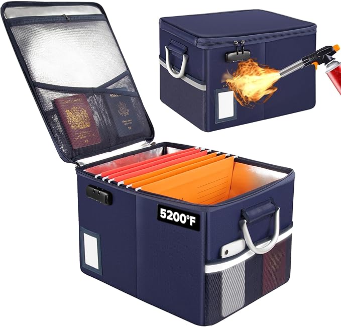 TOMKID 5200°F Fireproof Document Box, Fire Important Document Organizer with Lock, Upgraded Heat Insulated Filing Storage Cabinet Office Organization (5200°F Fireproof Box, Blue)