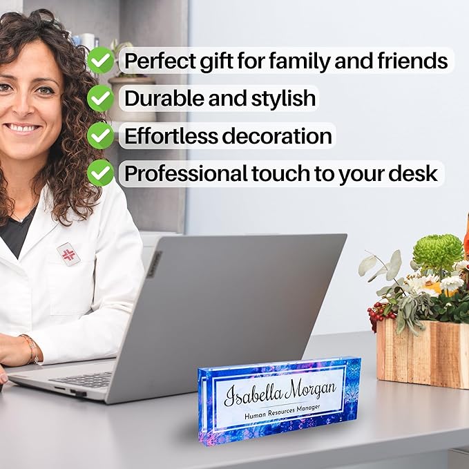 Customized Clear Acrylic Thick 8x3" Acrylic Black - Desk Name Plate Block with Personalized Logo - Professional Office Decor - Customized Acrylic Plate Gift for Teacher Co-workers (Indigo Dream)