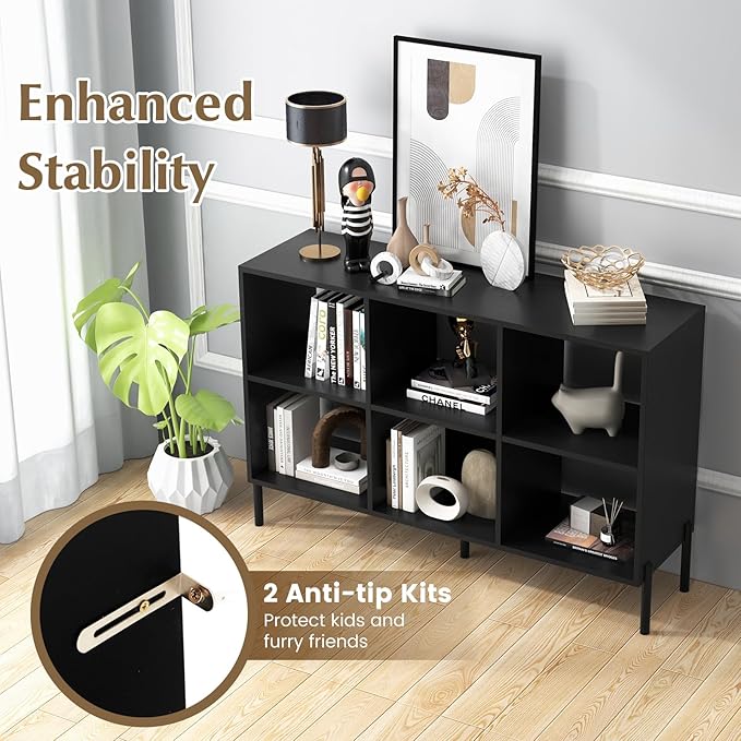 Giantex 6 Cube Bookcase, 3-Tier 47" Long Wood Bookshelf w/ 5 Metal Legs, Adjustable Shelf, Anti-toppling Device, 31.5" Tall Floor Open Shelf Bookcase, Freestanding Wooden Cube Storage Shelves