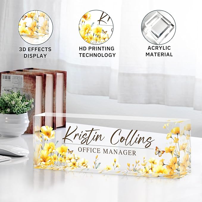 Custom Name Plate for Desk, Personalized Desk Name Plate on Clear Acrylic Glass, Appreciation Gifts for Teacher Employee Boss Coworkers Nurse, Office Desk Accessories for Women Men (Daffodil)