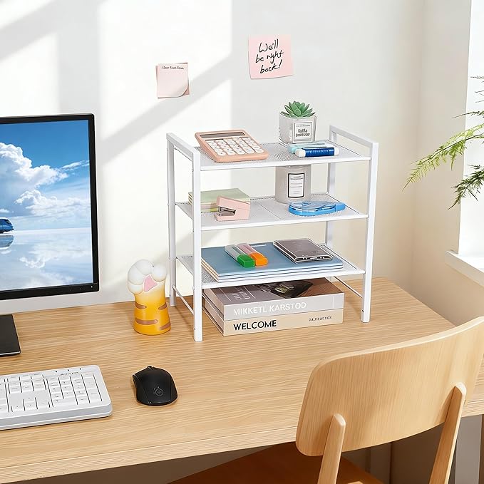 Desktop Shelf Organizer, 3-Tier Office Storage Rack, Adjustable Metal Bookshelf for Top of Desk, White Desk Organizer for Office, Home, Dorm and Small Spaces (White)