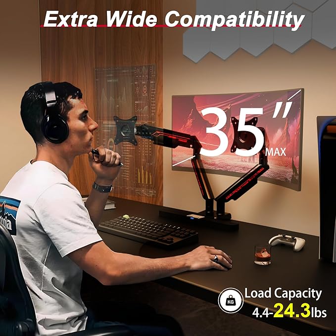 Dual Monitor Arm for 17-35" Screens up to 24.2 lbs, Ergonomic Gas Spring Monitor Stand with Height Adjust, Tilt, Swivel & Cable Management, VESA Desk Mount with 2 Types of Installation, Black